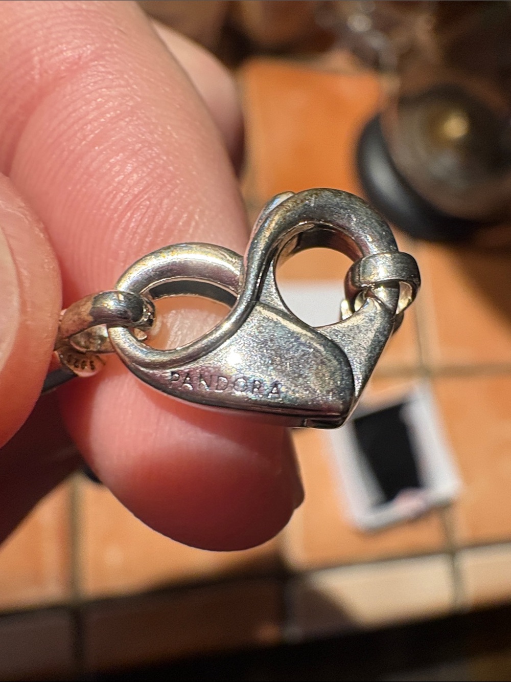 Pandora Silver Bracelet with Teal Blue Striped Murano Charm and heart clasp - Picture 3 of 3